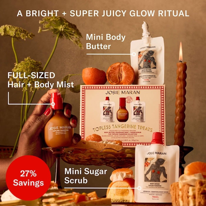 Josie Maran Topless Tangerine Treats Body Butter, Fragrance Mist, Sugar Scrub Gift Set image 1