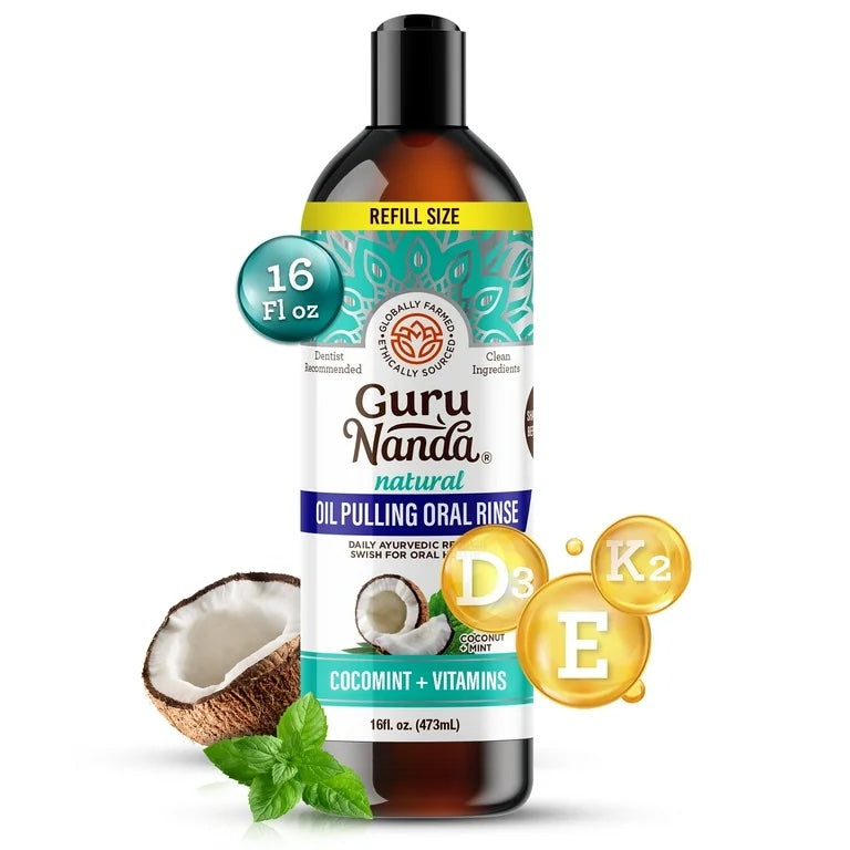 GuruNanda Oil Pulling with Coconut + Mint, Essential Oils &amp; Vitamins D3,E,K2 - Natural Mouthwash - 473 ml image