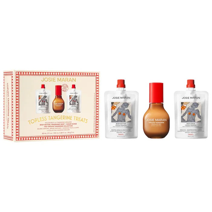 Josie Maran Topless Tangerine Treats Body Butter, Fragrance Mist, Sugar Scrub Gift Set image 0