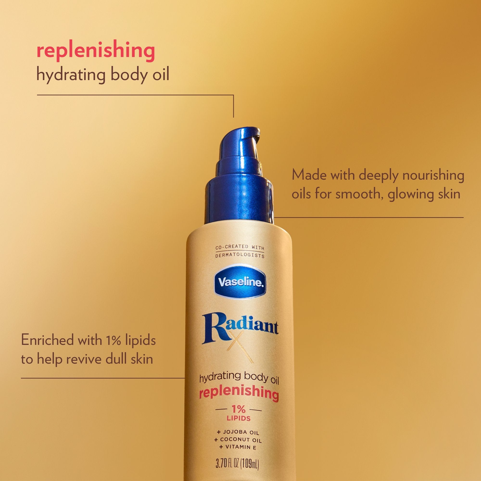 Vaseline Radiant X Replenishing Hydrating Body Oil, with 1% Lipids, Jojoba Oil, Coconut Oil, &amp; Vitamine E image 1