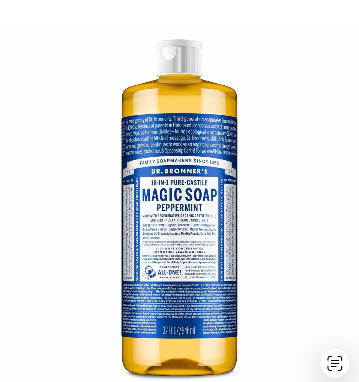Dr. Bronner's Magic Pure Castile Liquid Soap Bodywash - Peppermint - 32 fl oz