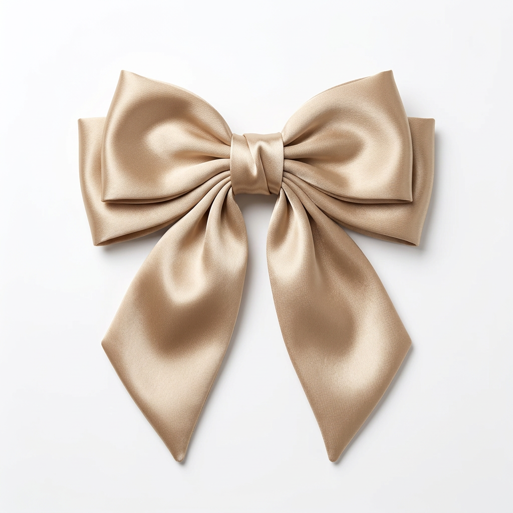 Satin Hair Bow Clip, Champagne Gold, Double-Layered with Long Flowing Tails