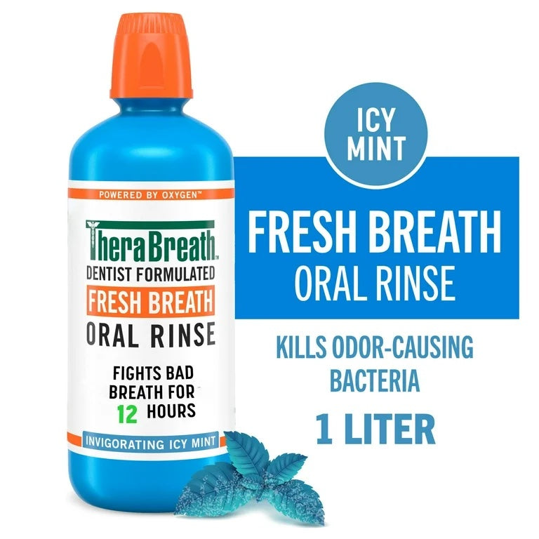 TheraBreath Fresh Breath Mouthwash, Icy Mint, Alcohol-Free Mouthwash for Adults, 1 Liter image 0