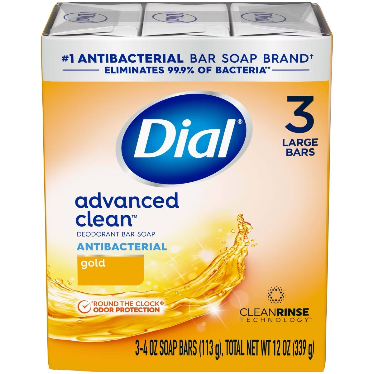 Dial Antibacterial Deodorant Bar Soap, Advanced Clean, Gold, 4 oz - 3 pack image