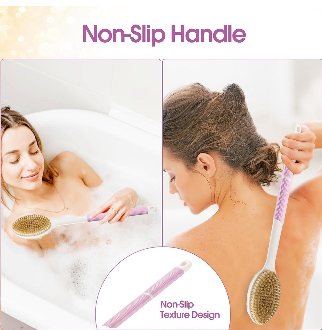 Backski Long Handle Back Scrubber Brush Anti Slip for Shower - Pink Handle image