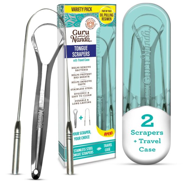 GuruNanda Spoon & U-Shaped Tongue Scraper Variety Pack with Travel Case, Stainless Steel, 2 Pack